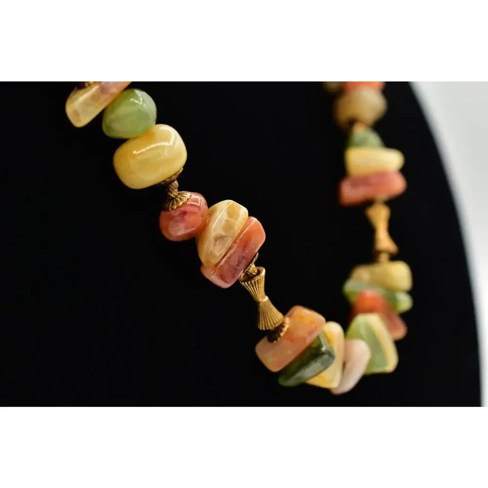 Miriam Haskell Lucite Stone Beaded Necklace Gold Green Orange Signed 1950s BinBN